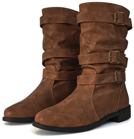 Dernolsea Women Flat Mid Calf Slouch Boots | Pull On Closure, Faux Leather, Round Toe, Ladies Calf Length Boots with Adjustable Buckle Straps