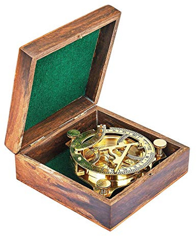 Malla Inc. Cadran Solaire en Laiton Massif Fait Main 7,6 cm avec boîte en Bois