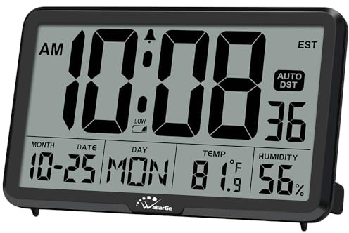 WallarGe Auto Set Digital Wall Clock Battery Operated, Desk Clocks with Temperature, Humidity and Date, Large Display Digital Calendar Alarm Clock for Elderly, Bedroom, Office, 8 Time Zone, Auto DST.