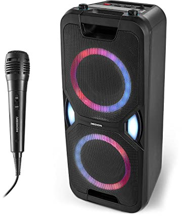MEDION P67038 - Sistema audio per feste (altoparlante per feste, karaoke, batteria, radio FM, Bluetooth 5.0, impianto compatto, 2 x 220 Watt, LED colorati, USB, AUX, 2 connettori per microfono)