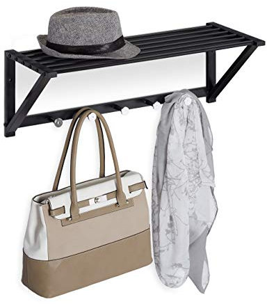 Relaxdays Wandgarderobe mit Ablage, Garderobenleiste 5 Haken, Flur & Bad, modern, Metall, HBT 23 x 65 x 25 cm, schwarz, 1 Stück