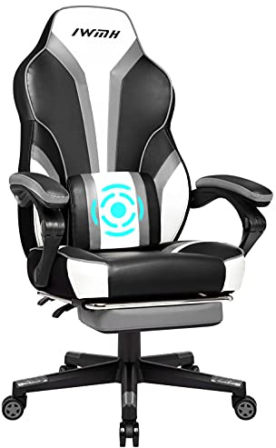 IntimaTe WM Heart Gaming stuhl,Racing stuhl mit hoher Rückenlehne,Ergonomischer Gamer Stuhl mit Massage-Lendenstütze,Schreibtischstuhl Drehstuhl mit klappbarer Fußstütze,Grau