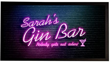 Personalised Bar Runner Mat - Neon effect Pink Gin 80's Bar Mat - home bar runner