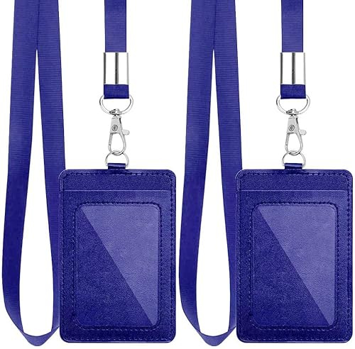 Ausweishalter aus Leder, vertikal, PU-Leder, Ausweishalter, Geldbörse mit 55,9 cm abnehmbarem Hals, Nylon-Umhängeband für Büro, Schule, Führerschein (2 blau)