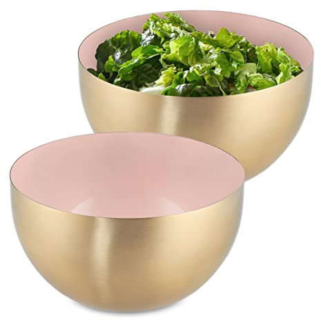 Relaxdays 2X Ciotola da Insalata, Acciaio Inox, 1 Litro, Insalatiera Tonda, Scodella Portafrutta da Cucina, Rosa Dorato