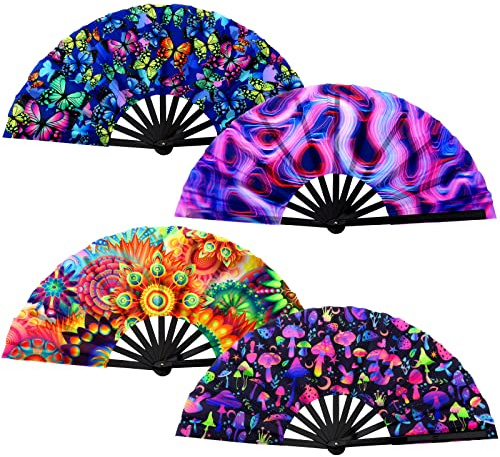BBTO 4 Pcs UV Glow Large Folding Hand Rave Fan Men Women Clap Fans for Line Dancing Chinese Japanese Bamboo Clack Hand Fan for EDM Music Festival Club Party Dance Gift, 4 Styles, 25(Fresh)