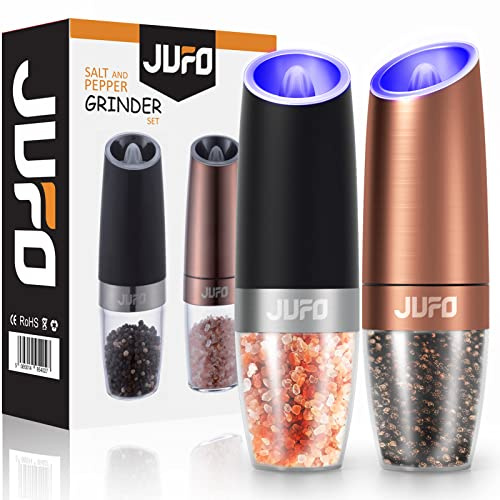 JUFO Molinillo eléctrico de sal y pimienta por gravedad con luz LED, grosor ajustable, funciona con pilas, molinos de sal y pimienta con una sola mano (2 piezas negro/oro rosa)