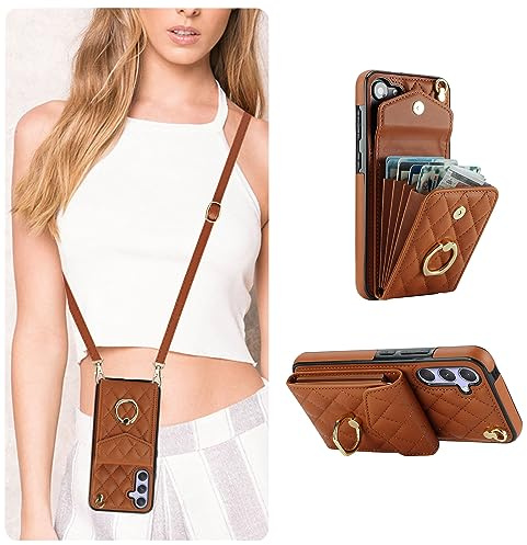QLTYPRI Handyhülle für Samsung Galaxy A54 Hülle mit Band, Mikrofaser Leder Handykette Case mit Kartenfach Ringständer RFID Schutzhülle Lederhülle Tasche Etui für Samsung Galaxy A54 5G - Braun