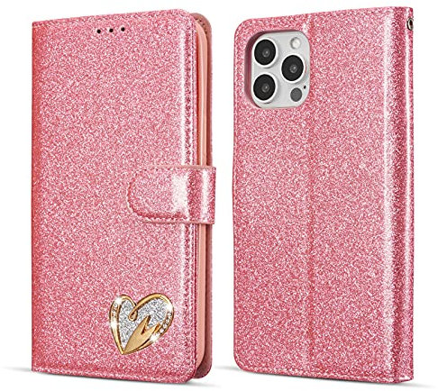QLTYPRI Wallet Case for iPhone 15 Pro, Glitter PU Leather Case TPU Bumper Card Holder Kickstand Wrist Strap Inlaid Heart Diamond Flip Folio Cover for iPhone 15 Pro - Pink