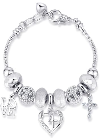 VZCBZC Charm Bracelet for Women Christmas Gifts, with Crystal and Heart Shape Glass Beads Sliver CZ Cross Snake Chain Bracelet, Trendy Charm Bracelet Jewelry Gifts for Women (cross heart)