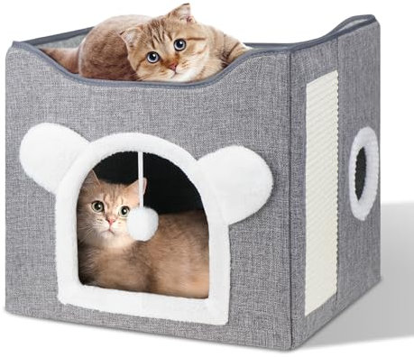 Furjoy Casetta pieghevole per gatto, Cuccia Gatto Casa pieghevole con terrazza, letto a 2 strati grande grotta con tiragraffi e Pallina da Gioco