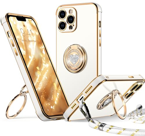XYZ für iPhone 13 Pro Max Hülle mit Band, Herz Doppelring Ständer HandyHülle Handykette Frauen Mädchen Dünn Stoßfeste Anti-Kratzt SchutzHülle für iPhone 13 Pro Max Case, Weiß