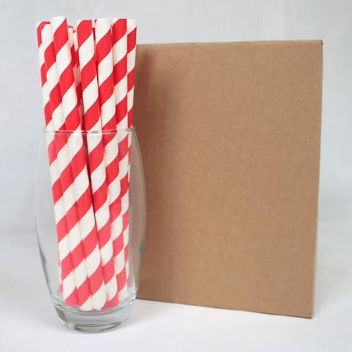 Red Striped Paper Straws (10mm x 230mm) - Pack Size 150 - FSC Certified/Food Safe/PFAS Free/Biodegradable/Eco-Friendly/Durable/Suitable for Smoothies & Milkshakes