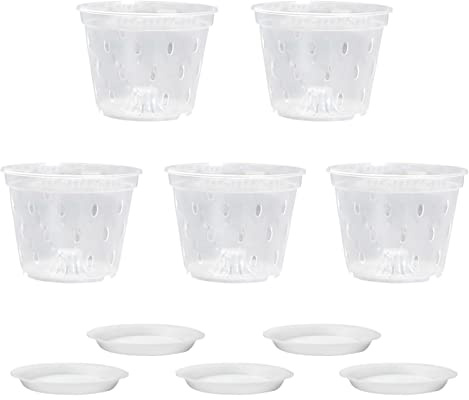 Lot de 5 Pots pour orchidées, Pots de Fleurs Transparents avec Trous de Drainage et soucoupes pour orchidées