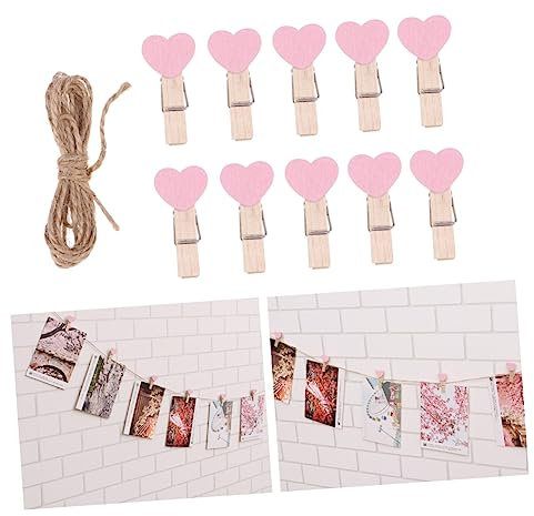 PRETYZOOM 50 Stück holzklammern holzklemme holzzwingen Fotografien hölzerne Papierklammern klein Fotos Hochzeitsfotoclips Herz Fotoclips Hanfseil Fotoordner schmücken Bambus Rosa