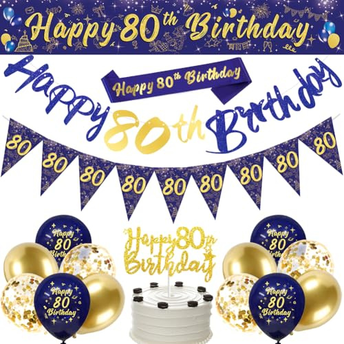 80th Birthday Decoration for Men Him Navy Blue Happy Birthday Banner Balloon
