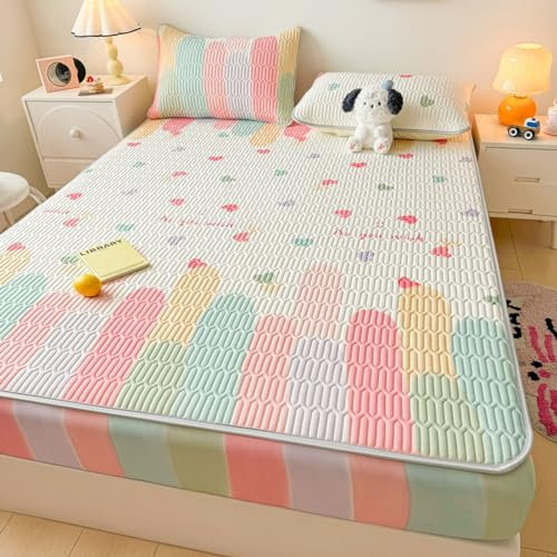FOREPOTY Gummizug Spannbettlaken,Coole Sommerbettwäsche aus Latex, Matratzenschoner mit Cartoon-Aufdruck für Kinderzimmer, Bettbezug für Kinderzimmer, Regenbogen 1.200 x 220 cm (3 Stück)
