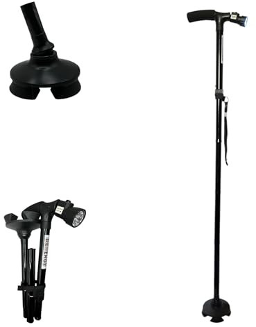 DEMERGY® Bastone Pieghevole Estensibile con Luce LED 5 Livelli di Altezza Regolabile Bastone Leggero e Portatile da Viaggio con Cinturino Impugnatura a T per Disabilità e Anziani Base Girevole