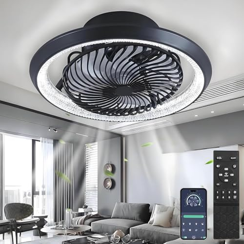 TJSC 49cm LED Deckenventilator mit Beleuchtung, Dimmbar Invisible Deckenlampe mit Ventilator, 360° Drehbar, 72W Leise lampe mit Ventilator und Fernbedienung APP, für Wohnzimmer Schlafzimmer, Schwarz#2