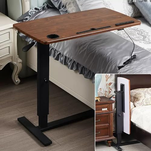 Beistelltisch mit Rollen Und Steckdosen Metall Nachttisch, Klappbarer Lift Nachttisch, Laptop Tisch mit Rollen, für Schlafzimmer, Krankenhaus(Brass,80x40x66cm)