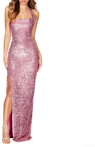 Robe glamour à paillettes avec fente pour femmes pour événements et rassemblements (M rose)