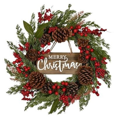 Couronne de Noël – 50 cm – Multifonctionnelle pour portes, porche – Baies décoratives rouges | Couronne de Noël d'extérieur