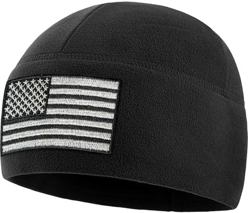 Temple Tape Tactical Beanie Hat - American Flag Fleece Winter Watch Cap - Military Hats for Men - Mens Army Beanies - Black - One Size