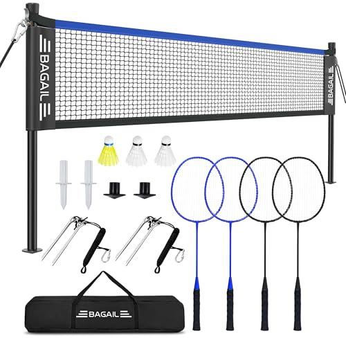BAGAIL Set di reti da Badminton per Esterni-Dimensioni 6.1x1.55m, 4 Racchette, 3 Palline da Badminton, Rete in PE Resistente e Borsa per Il Trasporto per Il Cortile, la Spiaggia e Giochi in Famiglia