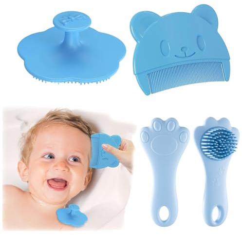 3 Stück Baby kamm und Badebürste für milchschorf, Neugeborene Haarkamm, Weichen Massagebürste Haarbürste, schorfkamm, kamm gegen milchschorf baby Entfernen kind (Blau – Kamm und Bürste)