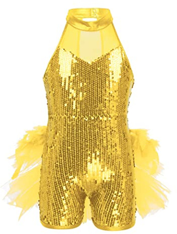 Vxuxlje Ballettanzug Mädchen Glitzer Jazz Tanzkleid Latin Tanzkostüm Ärmellos Ballettkleid Ballkleid Eiskunstlauf Anzug Gelb 134-140