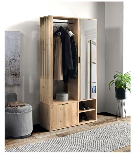 MEBLINI Garderobenschrank Flur mit Spiegel - Garderobe Schrank - Flurgarderobe schmal - Garderobe Flur Möbel Set - Flurschrank hoch - Milano - 100x33x190cm R/L - Artisan Eiche