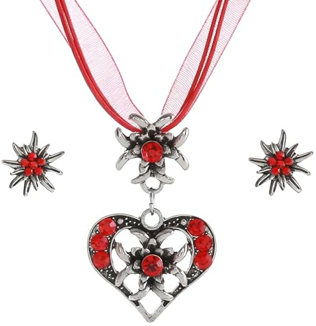 TJUSPIRIT 3er Trachtenschmuck Set Dirndlschmuck Edelweiß Schmuck-Set Trachtenkette & Ohrstecker Dirndl Schmuck für Oktoberfest Trachtenfest Dirndl Outfit(Rot)