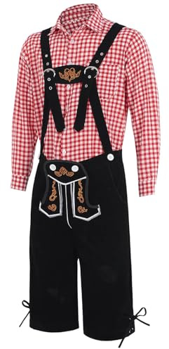 Generisch Lederhose Herren Tracht Set Oktoberfest Outfit, 3 Teilig, Trachtenlederhosen mit Hosenträger + Trachtenhemd + Trachtenhut, Bayerische Trachten Männer Oktoberfest Kostüm Set