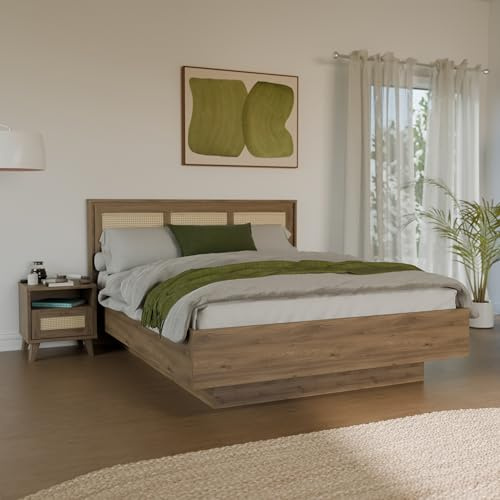 Forte GLENKEEN Bett, Liegefläche 160 x 200 cm, Bettgestell im Bohostil mit Rattangeflecht, Stauraum, Holzwerkstoff, Valencia Eiche Holzdekor|Naturrattan, 169,9 cm breit x 105,5 cm hoch x 204,9 cm tief