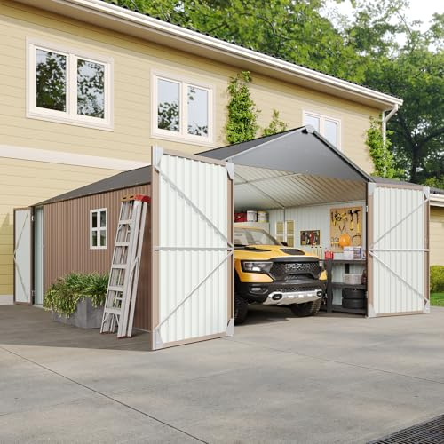 Aoxun 12x20x9.3 FT Metal Storage Shed Outdoor Large Garage Shed Carport with Double Doors,Side Door & Windows, Heavy Duty Garden Tool Shed All-Weather Outdoor Building for Vehicles & Sundries(Brown)