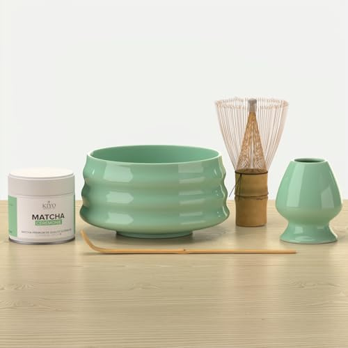 KIYO Kit Matcha Complet Vert – Fouet Chasen 100 Brins, Bol Chawan Céramique, Cuillère & Support | Matcha Cérémonial Japonais | Coffret Cadeau Premium