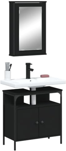 Zeehear 2-TLG. Badmöbel-Set Schwarz, Holzwerkstoff, 60 cm Breite, mit Spiegelschrank & Waschbeckenunterschrank, modernes Design für Badezimmer