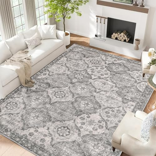 Living Room Rug ,Washable Rug,Large Rug 160x230 cm,Black Grey,Vintage rugs | Soft Low Pile Rugs for Bedroom Classic Carpet for Kitchen Dining Room Anti-Slip Non Shedding