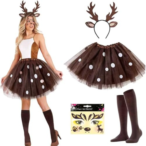 YeahBoom Rentier Karneval Damenkostüm, Rentier Tutu Rock, Geweih Haarreif, Glitter Gesichtstattoo, Reh Kostüm Erwachsene, Reh Kostüm Damen, Geeignet für Weihnachts Faschings Cosplay Mottoparty