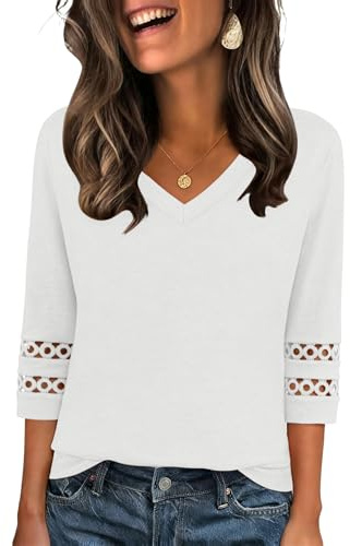 Zeagoo Camicie Donna Eleganti Scollo a V Blusa Manica a 3/4 Maglietta Ricamato Tunica Tinta Unita Estive Bluse Bianco XL