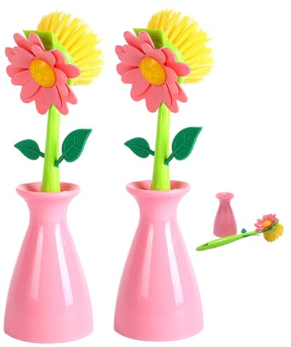 2-Pack Dish Brush with Holder, Flower Shaped Kitchen Sink Brush with Long Handle, Non-Scratch Pot Scrubber for Dishes & Pans, Día de Pascua