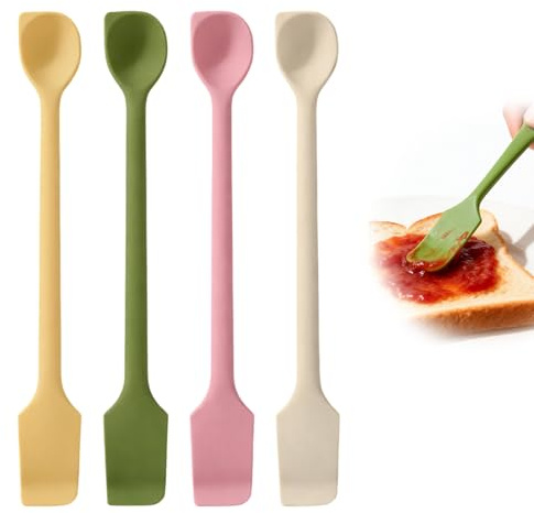 Juego de 4 mini espátulas de silicona de mango largo, espátula de cocina de silicona doble punta cuchara pequeña espátula de silicona para macetas profundas, juego de mini espátulas de silicona