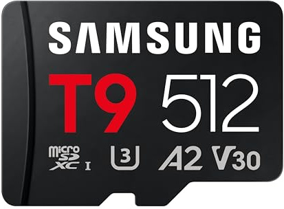 Samsung T9 Carte microSD, 512 Go, Carte mémoire pour Drones, caméras d'action et caméras 360°, UHS-I U3, Full HD & 4K UHD, 200 Mo/s en Lecture, 130 Mo/s en écriture, MB-MH512T/WW
