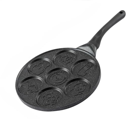 TASBER Smiley Face Pancake Pan, Pancake Frying Pan Non Stick, Pancake Mold with 7 Holes for Kids, for Breakfast Fun & Easy Cleanup Unique Holiday (Animals)