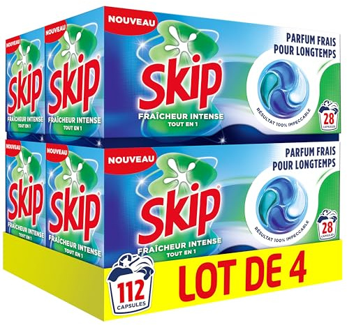 Skip - Capsules Lessive, Tout en 1, Fraîcheur Intense, 4x28 Lavages | Élimine les taches dès le premier lavage, efficace en cycle court et à froid, parfum longue durée, 112 capsules