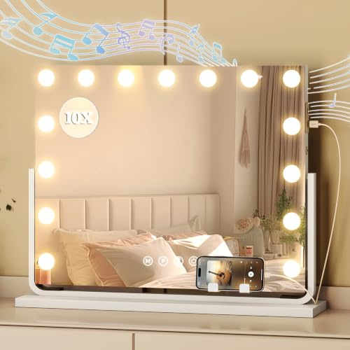 YITAHOME Espejo de Maquillaje 18 LED Estilo Hollywood, 80x60 cm, Espejo Cosmético con Altavoz Bluetooth, Conexión USB y Type-C, Espejo Aumentador 10X y Soporte para Teléfono