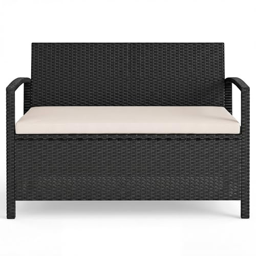 SOARS Rattan Gartenbank mit Stauraum, wetterfeste Truhenbank mit gepolstertem Kissen & wasserfester Aufbewahrungstasche, 2-Sitzer Balkonbank, Sitzbank für Garten, Balkon, Terrasse, 129 x 61 x 77 cm