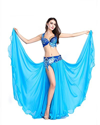 ROYAL SMEELA Bauchtanz BH Gürtel Rock Bauchtanz Anzug Sexy Bauchtanz Performance Strass BH Gürtel und Maxirock Elegant Hellblau Weiß Tanzkleid Langer Rock Bauchtanz kostüm Damen Set Bauchtanz Kleider
