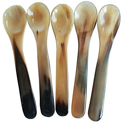 DUEBEL 5-teiliger Handgemachter Büffelhornlöffel, 14 x 2,8 cm Geschirrlöffel (Helle Farbe)