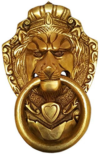 Purpledip Brass Door Knocker: Antique Lion King Design Gate Handle (11597)